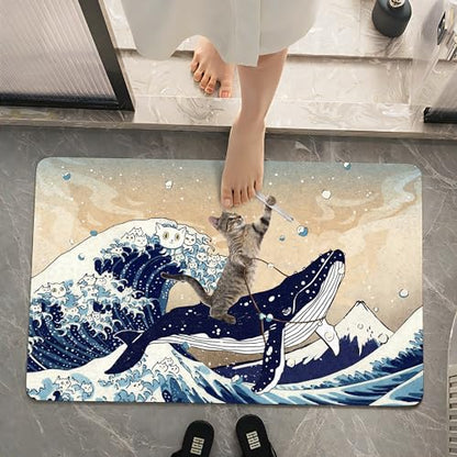 SolAzul Cat Diatomaceous Earth Bath Mat,Super Absorbent Diatomite Stone Bath Mat Non Slip Quick Dry Thin Bathroom Floor Mat Rug (16×24 Inch) (CAT) - color: Cat