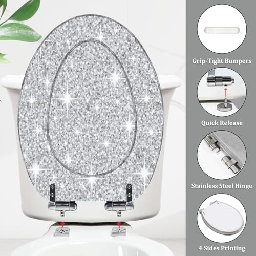 Bathroom Elongated Resin Toilet Seat, Silver Glitter Seamless Texture, Quiet Close, Quick Release Hinges, Decorative, Easy to Install & Clean, with Cover Bumpers (Oblong)