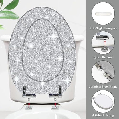 Bathroom Elongated Resin Toilet Seat, Silver Glitter Seamless Texture, Quiet Close, Quick Release Hinges, Decorative, Easy to Install & Clean, with Cover Bumpers (Oblong)