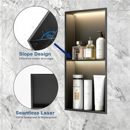 LED Shower Niche, No Tile Needed Niche, 24" X 12", Matte Black | Durable 304 Stainless Steel for Lifelong Use, 3000K Warm Led Lights, Waterproof&Leak-proof, 2 Tiers for Bathroom Storage