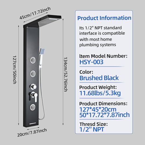 6 in1 Multi-Function Shower Panel Tower System-Brushed Black | 304 stainless steel Shower Panel Column Tower with Powerful Body Massage, Rainfall, Waterfall,Handheld and Tub Spout - color: Brushed Black, style: HSY-003