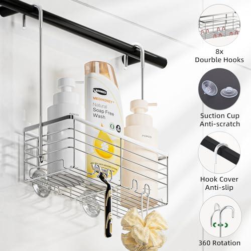 SHANSHUI Shower Hanging Caddy, Bathroom Shower Organizer Basket, Shampoo Bracket, Over Door Showers Rack with Hooks, 304 Stainless Steel Rustproof - size: 11"D x 4.7"W x 13.6"H