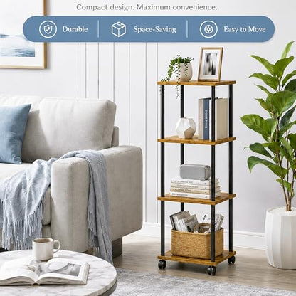 4-Tier 38.2" Tall Rustic Brown Bathroom Shelving Unit with Wheels | Wood Finish, Metal Frame, Rolling Narrow Open Shelf Design, for Laundry Room, Kitchen, Living Spaces, Easy to Move - color: Rustic Brown, size: 4-Tier
