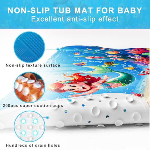 Upgrade Cartoon Baby Bath Mat Non Slip - 40"x16" Extra Long Bathtub Mat for Baby Eco Friendly Durable Bath Mat for Tub Non Slip Kids Tub Mat with Suction Cups, Machine Washable and No Fading, Mermaid - color: B-mermaid