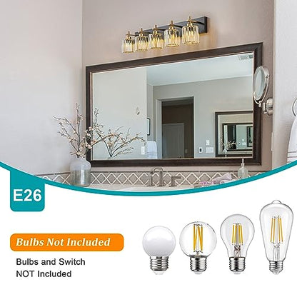 Modern Crystal Bathroom Vanity Lights, Black Gold 5-Lights Bathroom Light Fixtures Over Mirror, Crystal Wall Lighting with Polished Gold Finish(Exclude Bulb) - color: Black Gold-Round Shade, size: 5-Light