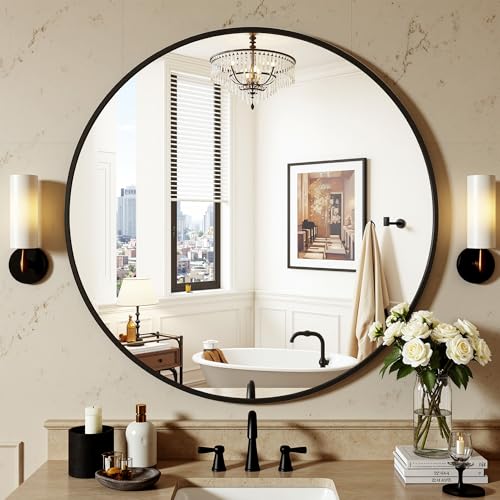Antok 20 Inch Round Mirror for Wall, Round Bathroom Mirror, Circle Wall Mirrors with Black Metal Frame, Circle Mirrors Suitable for Wall, Bathroom, Vanity, Living Room, Entryway - color: Black, size: 20"L x 20"W