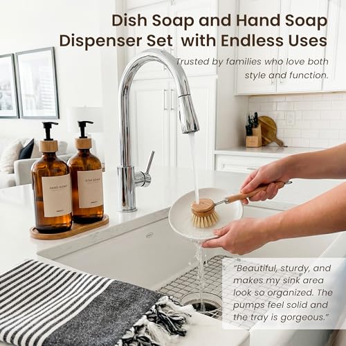 Maisonovo Dish Soap Dispenser Set - Amber Soap Dispenser Black Bamboo Pumps | Glass bottles for body wash, lotion, shampoo or conditioner · Sink, bathroom or countertop · Tray, 16.9 oz each - color: Amber Bottles Black Bamboo Pumps