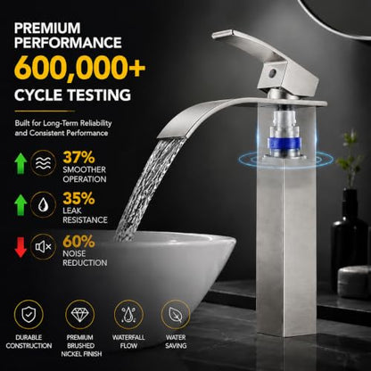 VOTON Vessel Sink Faucet Brushed Nickel Modern Tall Waterfall Bathroom Sink Faucet with Pop-Up Drain Single Handle Bathroom Faucet 1 Hole Bowl Lavatory Vanity Faucet, Rv Sink Camper Farmhouse Faucet - color: Brushed Nickel, size: Tall