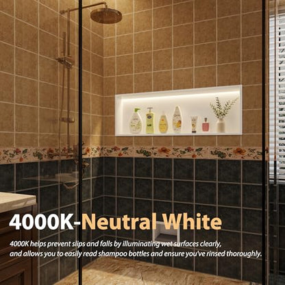 Qeke 36" X 12" Stainless Steel Shower Niche w/ 3 CCT Dimmable Light, White | No Tile Needed Wall Niche, Recessed Niche w/ Light(3000K/4000K/6000K), IP66 Waterproof, Space Saving & Durable - color: Matte White, size: 36" X 12"