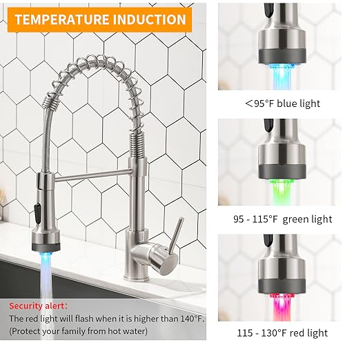 Kitchen Faucet with Pull Down LED Light Sprayer Brushed Nickel | Stainless Steel NSF Certified,1 Handle Faucet,Farmhouse Camper Laundry Utility Rv Wet Bar Sinks,Deck Plate 1,3 Hole - color: B - Brushed Nickel