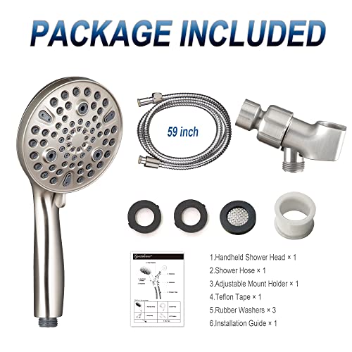 High Pressure Handheld Shower Head, 10-Setting Showerhead, 4.7”Detachable Showerhead Set with 5ft Hose, Adjustable Bracket and Built-in Power Wash to Clean Tub, Tile & Pets - Brush Nickel - color: Brush Nickel