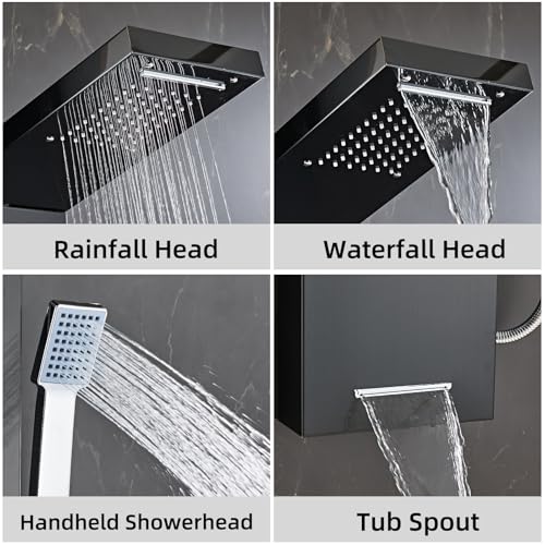 6 in1 Multi-Function Shower Panel Tower System-Brushed Black | 304 stainless steel Shower Panel Column Tower with Powerful Body Massage, Rainfall, Waterfall,Handheld and Tub Spout - color: Brushed Black, style: HSY-003