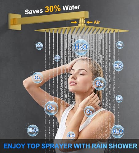 Woindo Shower Faucet Set, 10" Wall Mount Rainfall Shower System with 2 Rain Shower Head and Multi-function Handheld Head Push Button Diverter Shower Faucet Trim Kit - color: Brushed Gold, style: 10"-Wall-01