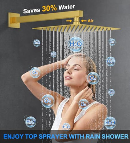 Woindo Shower Faucet Set, 10" Wall Mount Rainfall Shower System with 2 Rain Shower Head and Multi-function Handheld Head Push Button Diverter Shower Faucet Trim Kit - color: Brushed Gold, style: 10"-Wall-01