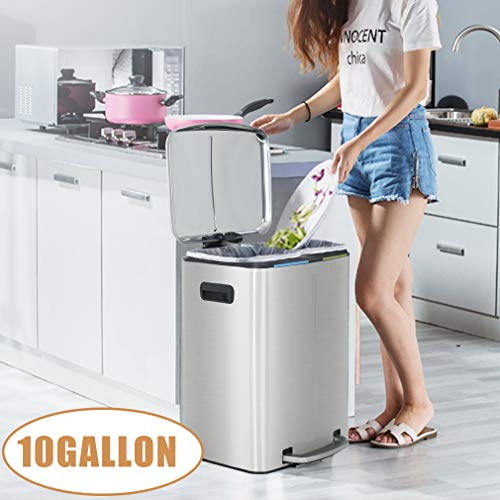 40 Liter / 10 Gallon Dual Compartment Stainless Steel Kitchen Trash Can,Hands-Free Step Trash Bin with Soft-Close Lid, Recycle and Garbage Can Combo, for Kitchen and Living Room Office - style: Single Lid(40L)