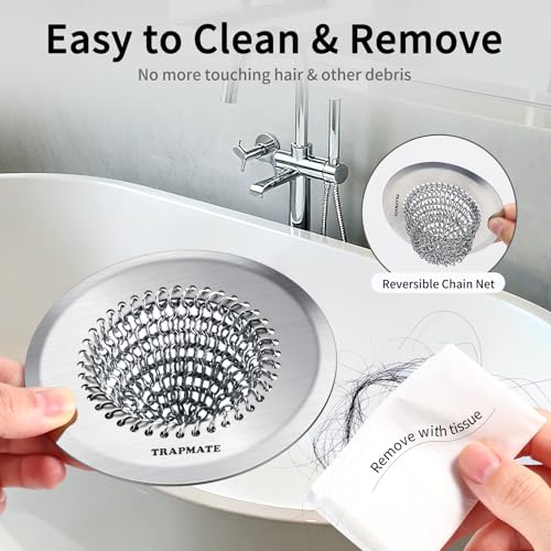 TRAPMATE Shower Drain Hair Catcher, 4.4" Anti-Clogging Bathtub Drain Cover | Easy Flip Cleaning, Traps Hair with Fast Drainage, Anti-Slip Drain Protector Fits Regular & Pop-up Drains (Patented Product) - color: Silver