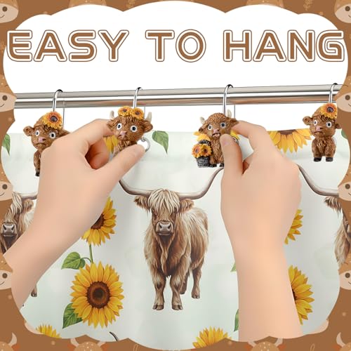 Roowest 12 Pcs Highland Cow Shower Curtain Hooks Sunflower Farmhouse | Cute Cow Ring Design, Stainless Steel Rust Resistant, Western Farmhouse Bathroom Decor, Fits Standard Curtain Rods - style: Sunflower Highland Cow