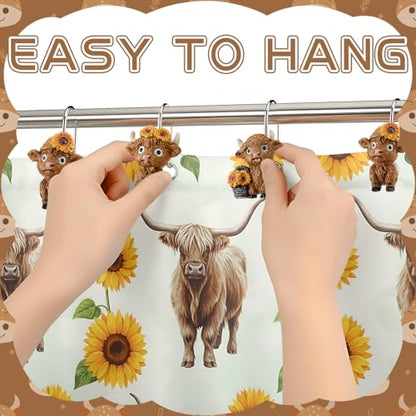 Roowest 12 Pcs Highland Cow Shower Curtain Hooks Sunflower Farmhouse | Cute Cow Ring Design, Stainless Steel Rust Resistant, Western Farmhouse Bathroom Decor, Fits Standard Curtain Rods - style: Sunflower Highland Cow