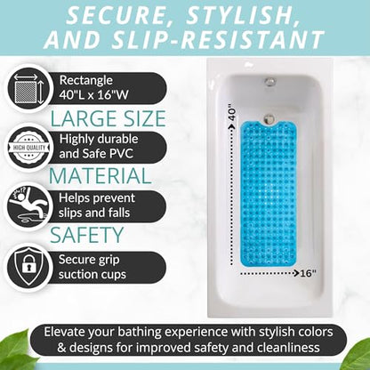 ENKOSI Non-Slip Bath & Shower Mat 40x16 Extra Long, Suction & Drain Holes | Clear Blue look; Durable PVC; 40x16 in, Clear Blue - color: Clear Blue