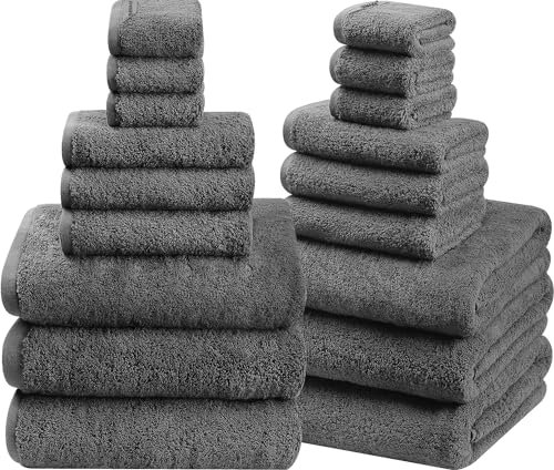 SEMAXE 18-Piece Cotton Bath Towel Set with Hanging Loops for Bathroom, Gray | Stock-up towel set for family bathrooms, guest baths, multi-bath homes, and wash-day rotation, OEKO-TEX certified, easy care - color: A02: Grey