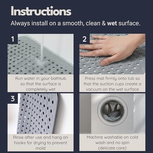 Bathtub Mat Non Slip 35x16 - homerella® Bath Mat Incl. Hooks for Drying, Extra Long, 100% BPA Free, Shower Mat Non Slip Anti Mold, Machine Washable, Shower Mats for Inside Shower Mildew Resistant | Mildew Resistant, Machine Washable, Extra Long Tub Mat, S