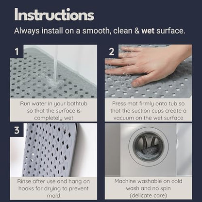 Bathtub Mat Non Slip 35x16 - homerella® Bath Mat Incl. Hooks for Drying, Extra Long, 100% BPA Free, Shower Mat Non Slip Anti Mold, Machine Washable, Shower Mats for Inside Shower Mildew Resistant | Mildew Resistant, Machine Washable, Extra Long Tub Mat, S
