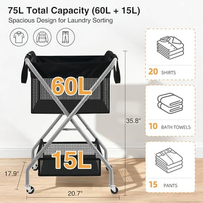 STO STO 2-Tier Foldable Laundry Cart with Wheels, 75L Tall Rolling Laundry Hamper, Collapsible Laundry Basket with Removable Bag, Rust-Resistant Steel Frame for Laundry Room, Bathroom, Dorm, Black