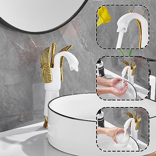 Swan Shape Single Handle 1Hole Bathroom Vessel Sink Faucet Deck Mount Lavatory Sink Faucet Gold Mixed White - color: White, size: Tall