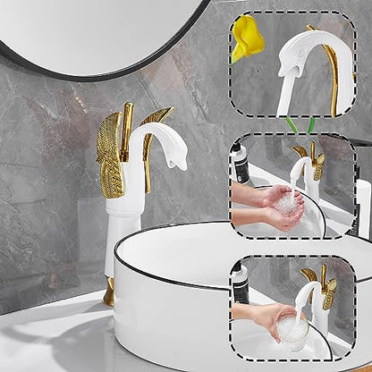Swan Shape Single Handle 1Hole Bathroom Vessel Sink Faucet Deck Mount Lavatory Sink Faucet Gold Mixed White - color: White, size: Tall