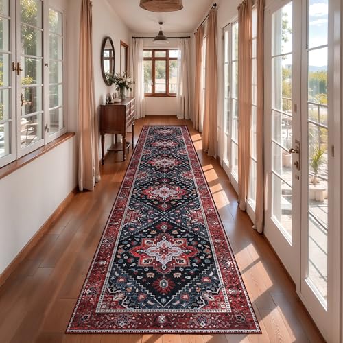Ciicool 2x12ft Long Hallway Rug, Washable Runner Rug Non Slip Thin Low Pile Soft Indoor Floor Long Carpet Hallways for Bathroom Kitchen Living Room Bedside - color: Dark Blue/Red, size: 2' x 12' (Runner)