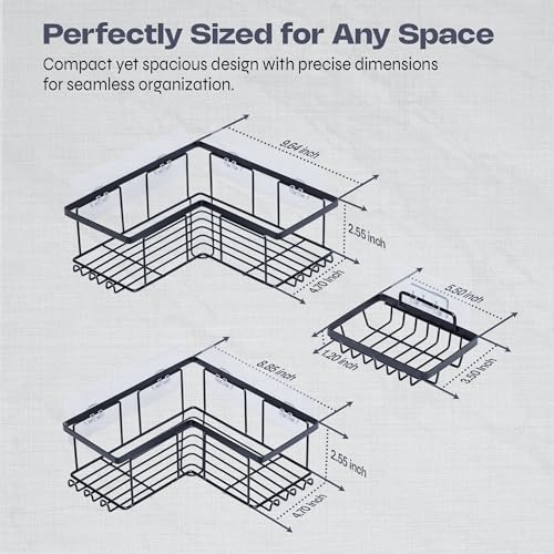 Corner Shower Caddy Organizer - Rustproof Stainless Steel Bathroom Shelves for Inside Shower Storage - Heavy Duty Corner Rack with Shampoo Holder - Silver Adhesive Shelf
