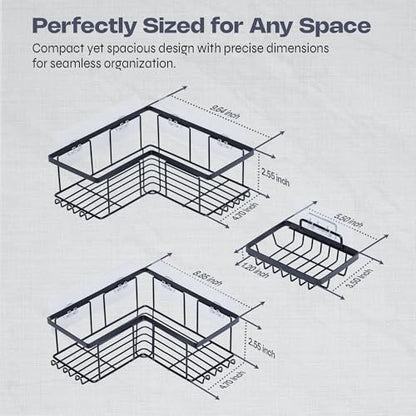 Corner Shower Caddy Organizer - Rustproof Stainless Steel Bathroom Shelves for Inside Shower Storage - Heavy Duty Corner Rack with Shampoo Holder - Silver Adhesive Shelf