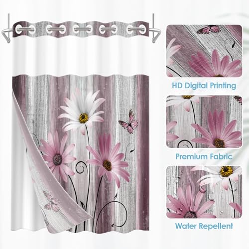 No Hook Shower Curtain with Snap in Liner 71x74 Inch Pink Daisy | Farmhouse Flower Rustic Modern Double Layers Waterproof Fabric with See Through Top Window Open Grommet Bath Curtain - color: Pink Daisy, size: 71"W x 74"L (Pack of 1)