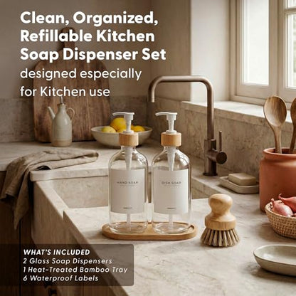 Maisonovo Dish Soap Dispenser Set - Clear Soap Dispenser White Bamboo Pumps | Glass bottles for body wash, lotion, shampoo or conditioner · Sink, bathroom or countertop · Tray, 16.9 oz each - color: Clear Bottles White Bamboo Pumps