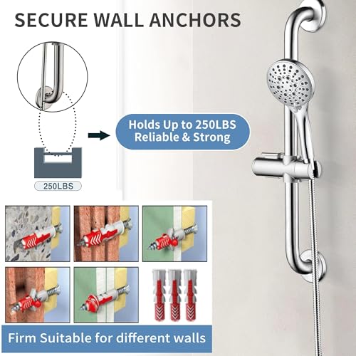 BRIGHT SHOWERS Stainless Steel Grab Bar Set – Includes Handheld Shower Head with Extra Long Hose, Shower Head and Hose Chrome Plated - color: chrome plated