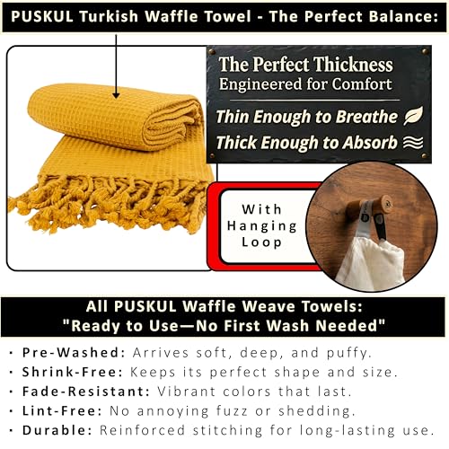 PÜSKÜL 2-Piece Luxury Natural 100% Turkish Cotton Beach Towels Waffle Weave | Mustard, Oversize 35x70" Bath Sheet Towel Lightweight Soft Absorbent Quick-Dry Sand-Free Peshtemal Oeko-Tex Made in Turkey - color: Mustard Yellow