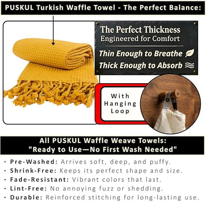 PÜSKÜL 2-Piece Luxury Natural 100% Turkish Cotton Beach Towels Waffle Weave | Mustard, Oversize 35x70" Bath Sheet Towel Lightweight Soft Absorbent Quick-Dry Sand-Free Peshtemal Oeko-Tex Made in Turkey - color: Mustard Yellow