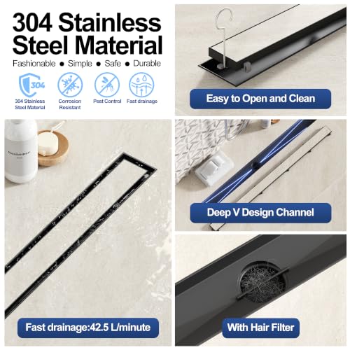 Neodrain 36-Inch Linear Shower Drain-Matte Black,with Tile Insert Grate | 304 Stainless Steel, Fast Drainage, Rectangle Shower Floor Drain with Leveling Feet & Hair Strainer, Fits Bathroom, Balcony - color: Matte Black, size: 36 IN