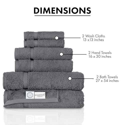 SALBAKOS 100% Turkish Cotton Bathroom Towel Set of 6-Piece, Gray | 630 Gsm Thick Super Soft Highly Absorbent 2 Bath + 2 Hand + 2 Washcloth Towels Sets, Giftable, Hotel Quality, Made in Turkey - color: Gray, size: 6 Piece Towel Set