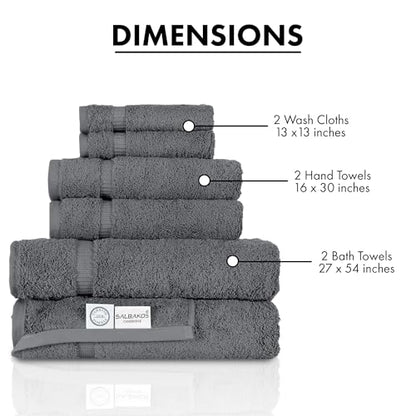 SALBAKOS 100% Turkish Cotton Bathroom Towel Set of 6-Piece, Gray | 630 Gsm Thick Super Soft Highly Absorbent 2 Bath + 2 Hand + 2 Washcloth Towels Sets, Giftable, Hotel Quality, Made in Turkey - color: Gray, size: 6 Piece Towel Set