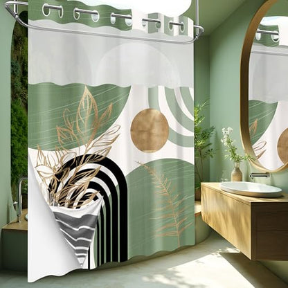 Sage Green Hookless Shower Curtain with Snap in Liner, Boho Mid Century Black and Light Green No Hook Double Layer Shower Curtains and Liner Set, Waterproof Cloth Fabric，60" W X 74" L - color: Green, size: 60"W x 74"L (Pack of 1)