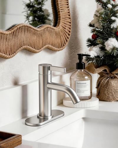 Brushed Nickel Bathroom Faucet Single Hole with Pop-Up Bathroom Drain and Flexible Hoses Single Handle Bathroom Sink Faucet w/Deck Plate(1 or 3 Hole) for Vanity Sinks, RV, Farmhouse - color: Brushed Nickel
