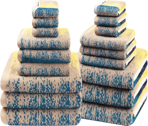 18-Piece Cotton Bath Towel Set for Bathroom, Hanging Loops, Coastal Ombre | Stock-up towel set for family bathrooms, guest baths, multi-bath homes, and wash-day rotation, OEKO-TEX certified, easy care - color: C02: Colorful - Beach