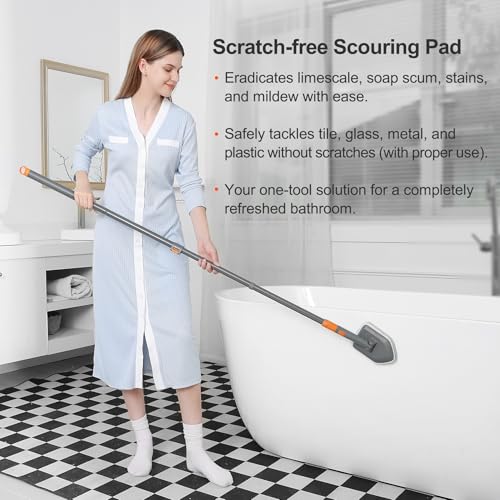 CLEANHOME Tile Tub Scrubber Brush for Cleaning Toilet Wall,Bathtub,Sink | 3 Different Function Cleaning Heads, 56" Extendable Long Handle, Bathroom No Scratch Shower Scrubber - color: Gray