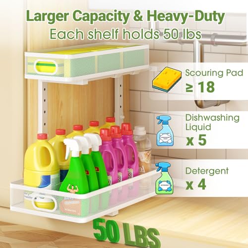 Under Sink Organizer 2-Pack, Metal 2-Tier Pull-Out Cabinet Shelf with Slide-Out Mesh Drawers, Height Adjustable, Space-Saving Under Sink Storage Racks for Kitchen, Bathroom, Laundry Room, White - color: White