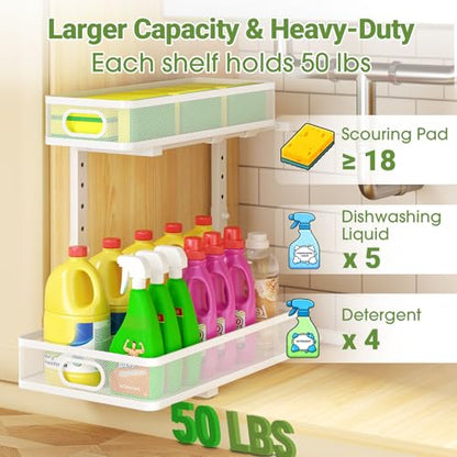 Under Sink Organizer 2-Pack, Metal 2-Tier Pull-Out Cabinet Shelf with Slide-Out Mesh Drawers, Height Adjustable, Space-Saving Under Sink Storage Racks for Kitchen, Bathroom, Laundry Room, White - color: White