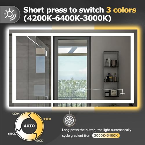 Hivone 55"X30" LED Bathroom Mirror with Lights, Anti-Fog, Dimmable, Backlit + Front Lit, Smart Bathroom Vanity Mirror, Memory Function, Shatterproof, Tempered Glass (Horizontal/Vertical) - size: 55"L x 30"W