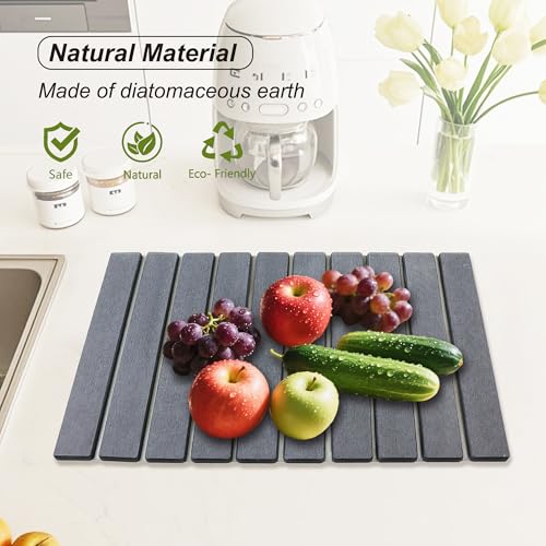 Large Stone Diatomaceous Dish Drying Mat/Rack, 24"×16", Light Gray | Collapsible Water Absorbing & Super Heat Resistant Diatomaceous Dish Drying Rack for Kitchen Counte, 5 Colors Available