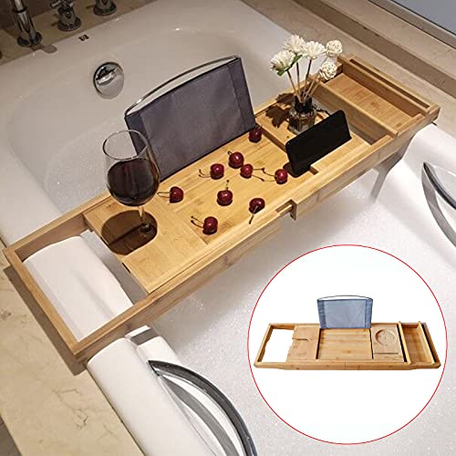 Bath Caddy Tray for Tub, Bamboo Bathtub Tray Caddy 29.5-42.9 inch Expandable with Wine Glass Holder, Book Stand and Phone Slot Luxury Bubble Bath Accessories & Spa Decor Distinctive Gift