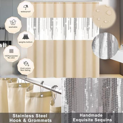 Beige Bathroom Accessories Set with Glitter Shower Curtain and Rugs,Bathroom Sets with Extra Soft and Absorbent Bath Rugs Sequin Shower Curtain Green Bathroom Sets for Bath Decor - size: Bath Set+Shower Curtain+Bath Rugs, style: Beige